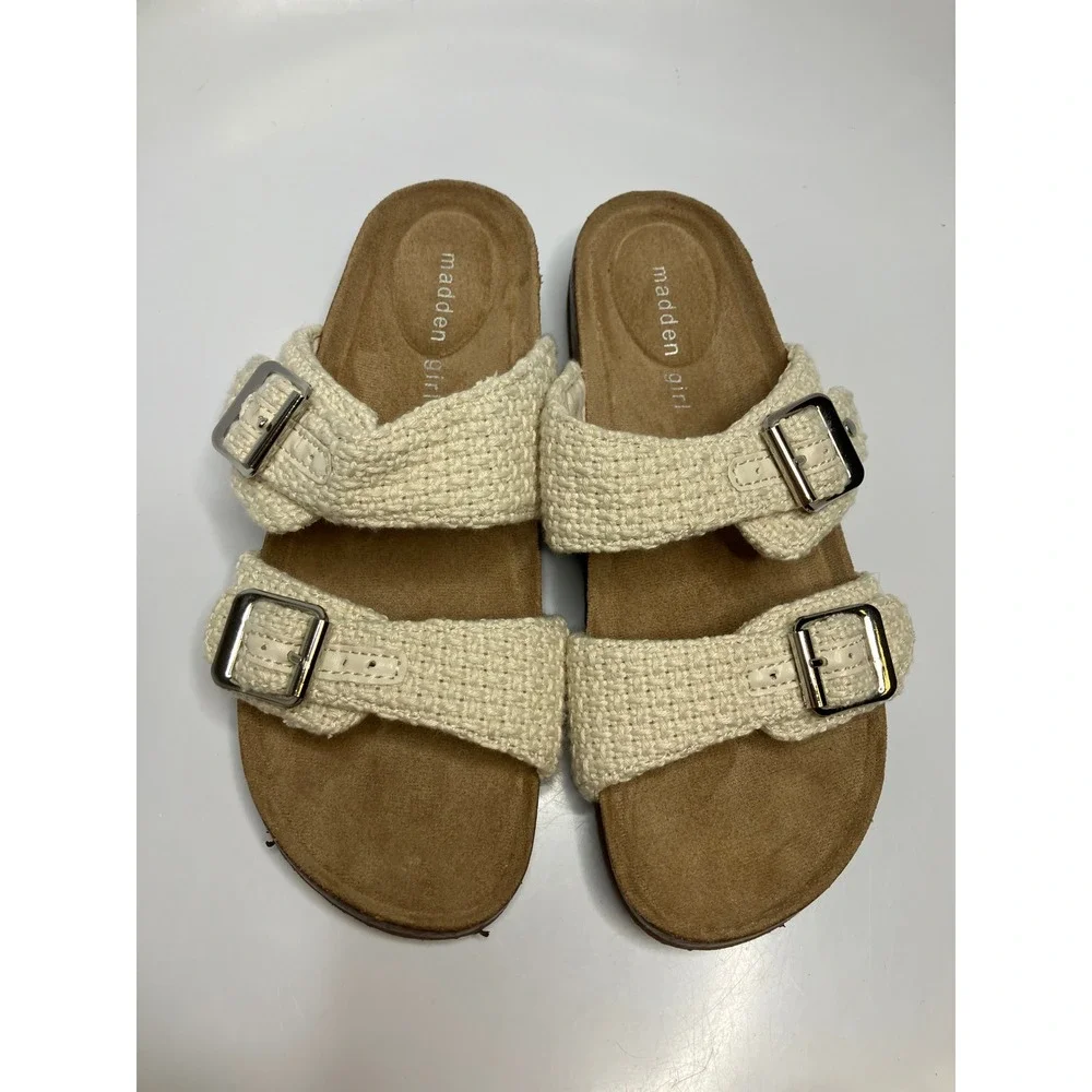 Madden Girl Breaker Sandals Womens 7.5 Cream new Woven Buckle Slide